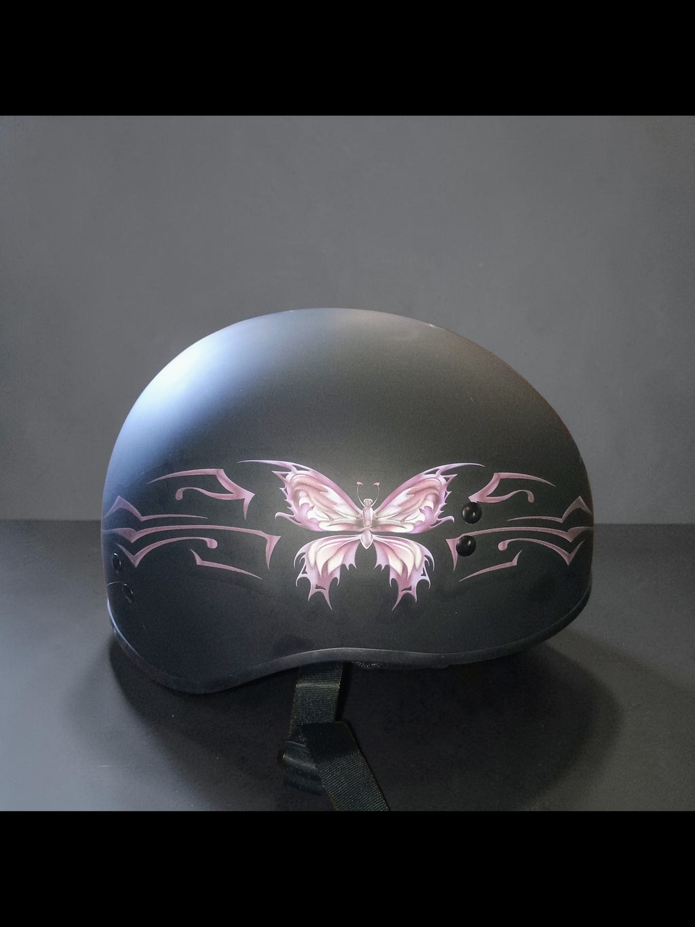 Matte Black Helmet with Pink Butterfly Accent - Women's Hat